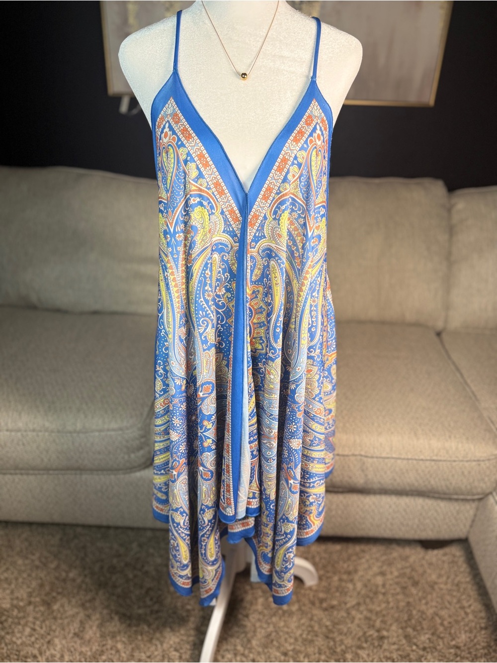 Zara Blue Paisley Asymmetrical Spaghetti-Strap Dress